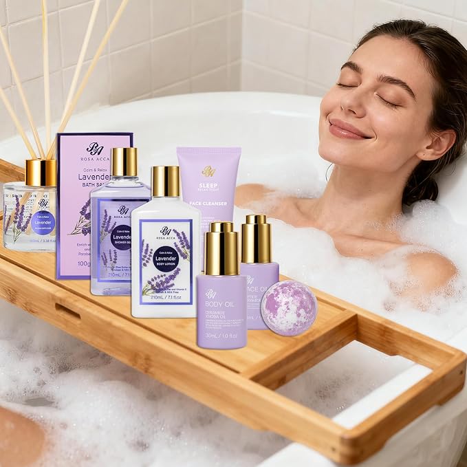 35 Pcs Mothers Day Gifts, Lavender Bath & Body Gift Basket for Women, Facial Skin Care Set, Home Spa Basket, Self-Care Set, Face Sheet Mask, Necklace, Birthday, Christmas,Anniversary