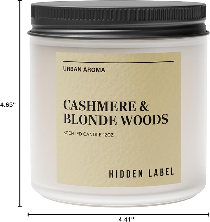 Hidden Label Cashmere Blonde Woods Soy Candle, 12oz 2-Wick, 70H Cozy | Non-Toxic Natural Wax, Paraben & Phthalate-Free, Clean Burn | Gender-Neutral Gift & Elegant Decor | Stress Relief & Grounding