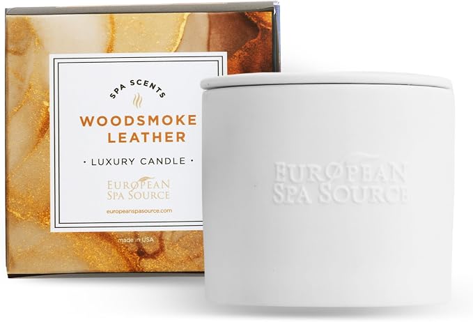European Spa Source Woodsmoke + Leather Luxury Candle for Aromatherapy, Soy Wax Candle, Hand Poured, At Home Spa Experience Promoting Relaxation, 45 Hours of Burn Time