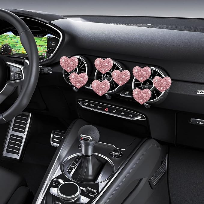 8-Pc Bling Heart Air Vent Clips, Crystal Heart Air Fresheners Vent Clip Rhinestone Car Decor - Cute Car Accessories for Women & Girls (Pink)
