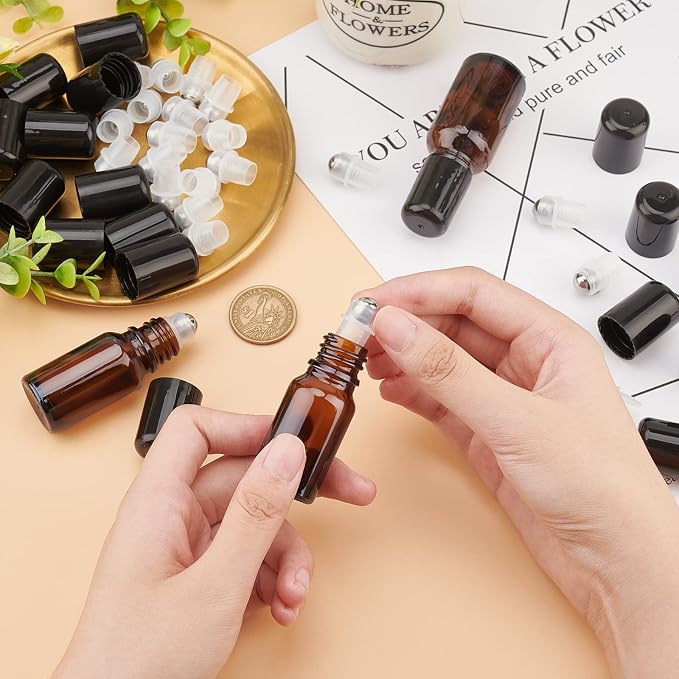 BENECREAT 24Sets Essential Oil Roller Inserts Kit, Stainless Steel Roller Balls and Black Bottle Cap for 5~15ml Essential Oils, Cosmetics Bottle, 9mm inner diameter