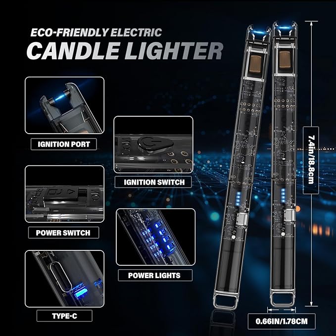 KTEBO® 2 Pack Electric Candle Lighters - 7.4 inch Long USB Rechargeable Plasma Arc Lighter with Safety Lock, Windproof Lighter for Candles, Grill, Camping - See-Through Tech Design, Stocking Stuffers