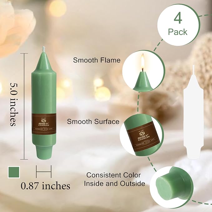 Sage Green Short Taper Candle 5 Inch Candlesticks Unscented Dripless Tapered Candle Set for Home Decor Wedding Party Dinner Candles, 4 Pack