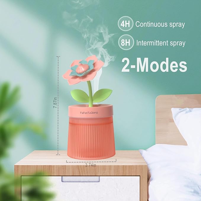 Bedroom Mini Humidifier Cute, Auto Shut Off 260ml With Flower, Cool Mist, 7 Colors Night Light, Quiet, Portable Ultrasonic Essential Oil Diffuser for Plants Office Travel