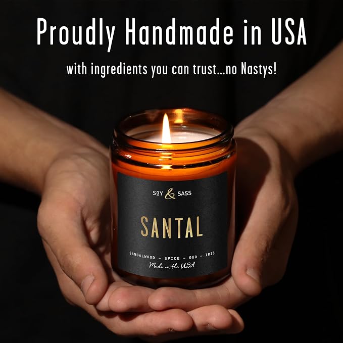 Santal Candle - Sandalwood Candles I Scented Black Candles for Men or Women - Sandalwood, Spices & Leather Soy Wax Mens Candle -Infused w/Essential Oils | Long 50Hr Burn, 9oz I Non Toxic I Made in USA
