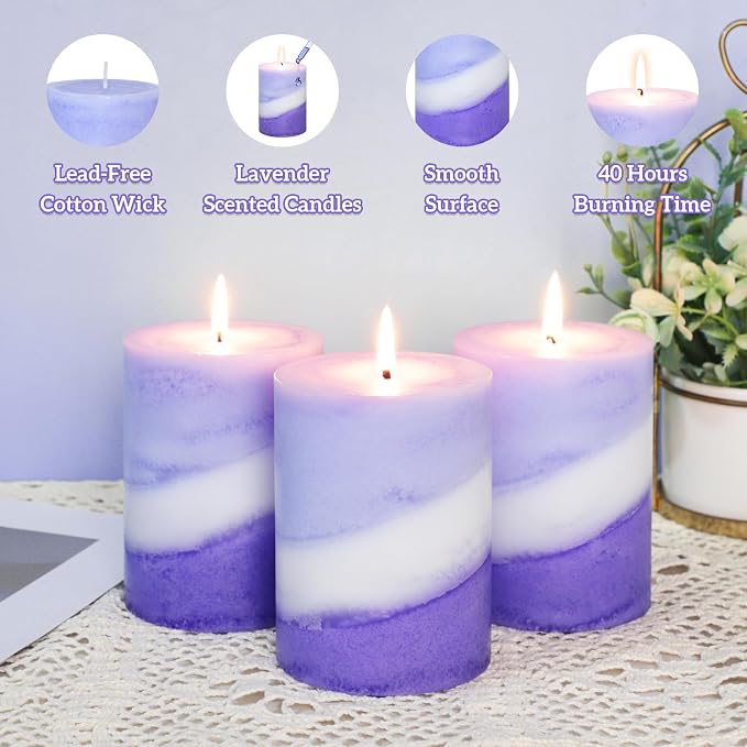 Crystal Club Lavender Scented Pillar Candles, 3X4 Inch Pillar Candles, 100% Cotton Wick, Smokeless & Dripless, 40+ Hours Long Burning, Candles Set for Wedding, Dinner, Party