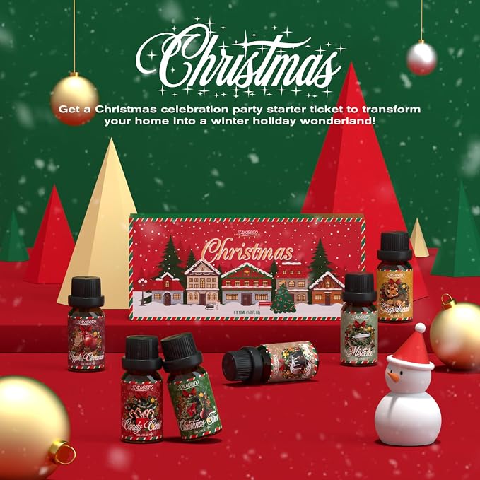SALUBRITO Christmas Fragrance Oils Set, Winter Essential Oils for Diffuser, Candle Making, Scented Oils Gift - Candy Cane, Christmas Tree, Christmas Pudding, Apple Cinnamon, Gingerbread, Mistletoe