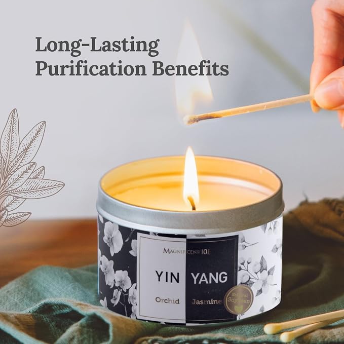 MAGNIFICENT 101 Yin Yang Smudge Candle - 6-Oz Soy Wax Tin - 35-Hr Burn Time & Orchid & Jasmine Scent - Energy Cleansing & Chakra Healing - Gift for Women