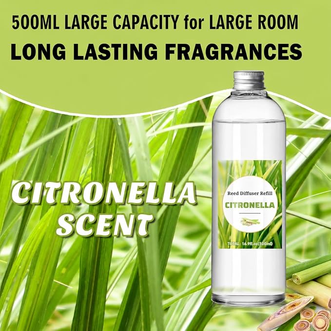 SCENTORINI Reed Diffuser Oil Refill, 16.9oz Citronella Scented Essential Oil with 6 Sticks, Summer Lemongrass Scent Home Fragrance for Large Space, Bathroom, Spa Room, Hotel, Patio, Outdoor, Office