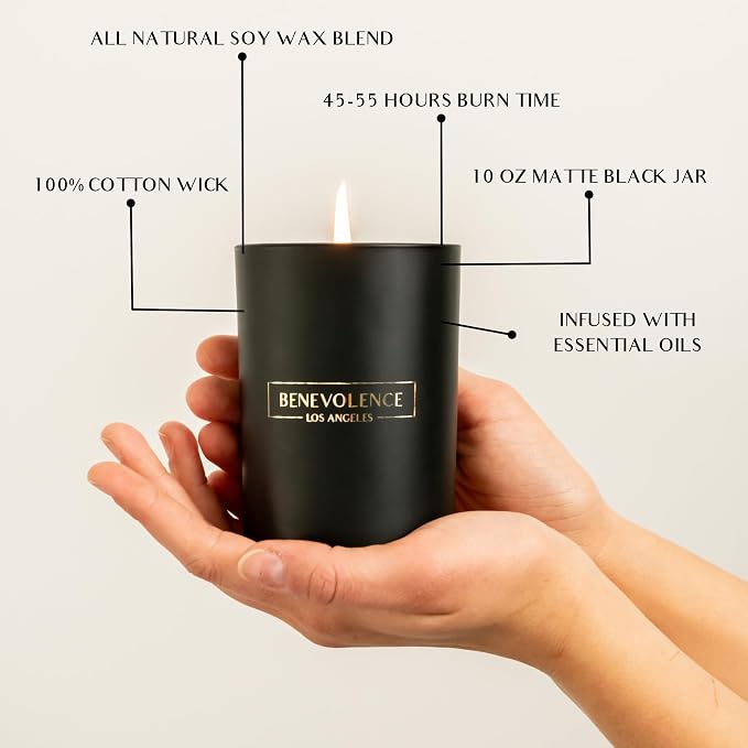 Benevolence LA Premium Santal Scented Candle – Long-Lasting, 45-Hour Burn – Luxury Black Wax Soy Candle for Home – Aromatherapy & Room Decor – 10oz