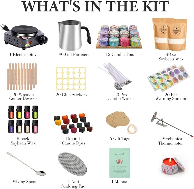 SAEUYVB Candle Making Kit with Wax Melter, Candle Making Kit for Adults, Candle Kit - DIY Starter Soy Candle Making Kit - Perfect as Home Decorations