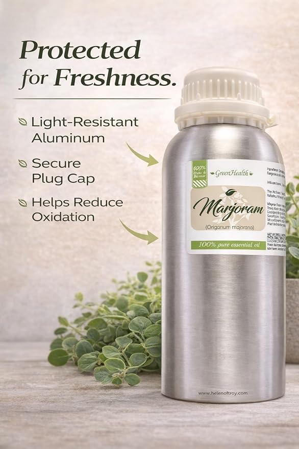 Marjoram Essential Oil 16 fl oz (473 ml) – 100% Pure & Undiluted Origanum majorana – Bulk Aromatherapy Oil for Diffuser, Massage, Soap & Candle Making – Aluminum Bottle w/Plug Cap – GreenHealth