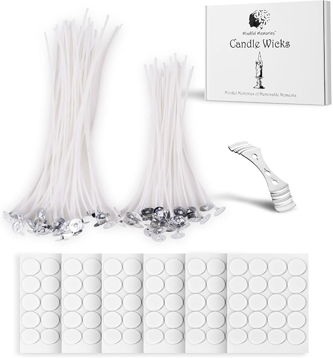 Candle Wicks 90 Pcs (4 inch, 6 inch, 8 inch) with 2 Candle Wick Holders & 90 Wick Tab Stickers, Long Lasting Pre-Waxed & Tabbed Cotton Threads with No Black Smoke for DIY Crafts