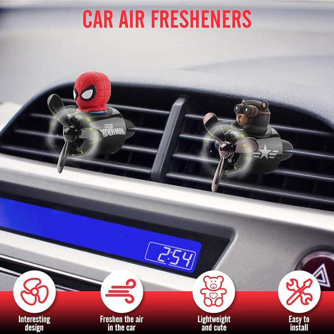 2pcs Car Air Fresheners Cartoon Cute Bear Pilot Automotive Air Outlet Propeller Car Diffuser Creative Car Perfume Decoration for Car Vent Clips with 8 Fragrant Tablets for Women Men (Bear + Hero)
