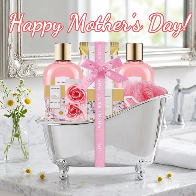 Self Care Gifts for Women, Spa Luxetique 8pcs Daisy Bath and Body Gift Baskets for Her, Bath Set with Bubble Bath, Lotion, Mothers Day Gifts for Mom