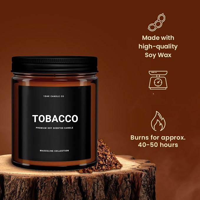 1OAK Tobacco Candle - Black Candle for Men Scented (Tobacco) - Pipe Candles - Cigar Scented Candles - Long Burning Premium - Soy Wax (7oz.)