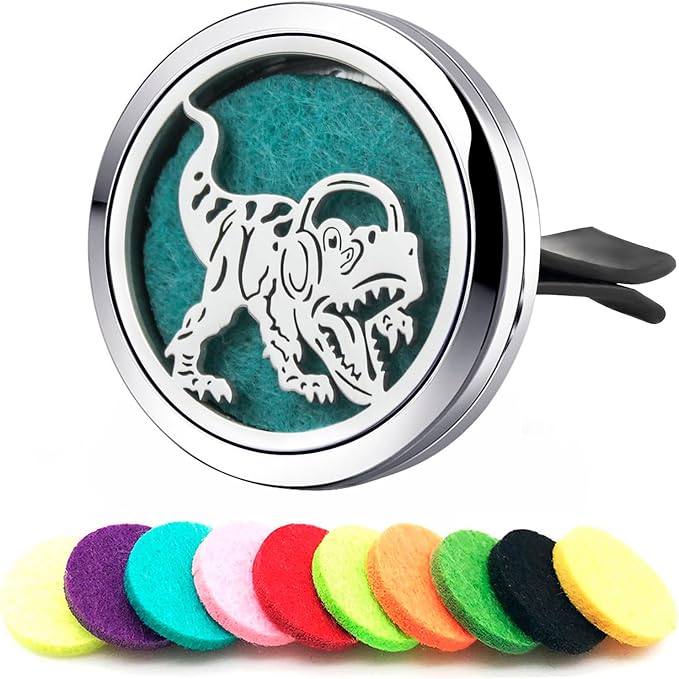 Dinosaur Essential Oil Diffuser for Car Accessories Dragon,Stainless Steel Locket with Vent Clip 10 Felt Pads Gift for Women Men