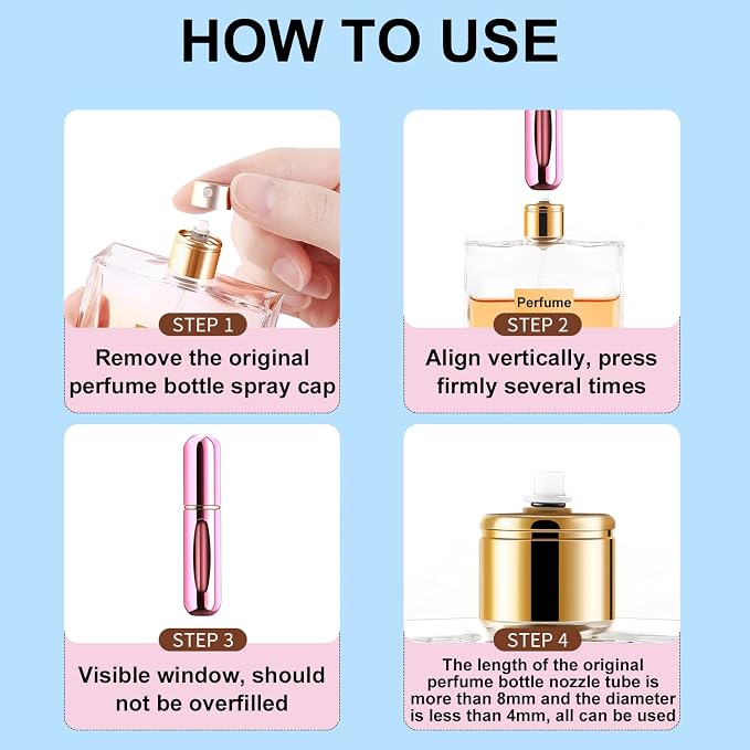 Portable Mini Perfume Atomizer Bottle, Refillable Spray, Scent Pump Case, Travel Atomizer (5ml, 5 Pack) (Pink, Gold, Black, Silver, Blue)