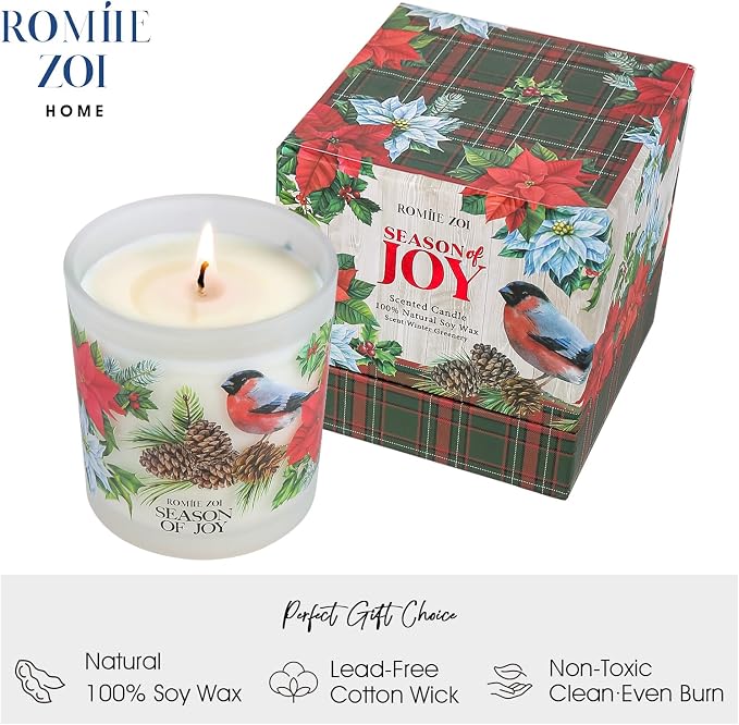 ROMIIE ZOI Christmas Scented Jar Candle - 6oz Soy Wax Candle - Season of Joy Infused with Winter Greenery Aroma - with Beautiful Keepsake Box Special for Christmas/Holiday Gifts