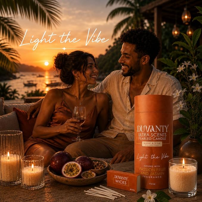 Mood & Vibe Pearled Candle Sand with Wicks – Passionfruit & Jasmine Scented Candle for Vibrant Home Ambiance, Decorative Wax Beads & Social Gatherings, 17.6 oz.