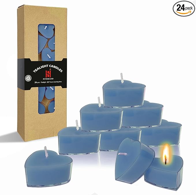 Sea Salt Scented Heart Tealight Candles, Dark Blue Scent Tea Lights Candles Clear Cup, 24 Pack Colored Tealights Candle, 4 Hour Burn Time Tea Candles for Weddings Romantic Decor