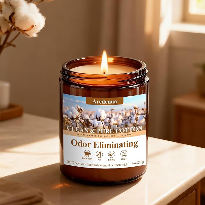 Clean & Pure Cotton Odor Eliminating Candles | Eliminates 95% of Pet, Smoke, Food & Other Smells – Fresh Air Scented Candle Gentle for Family - Up to 50 Hour Burn time - 7 Oz Natural Soy Wax