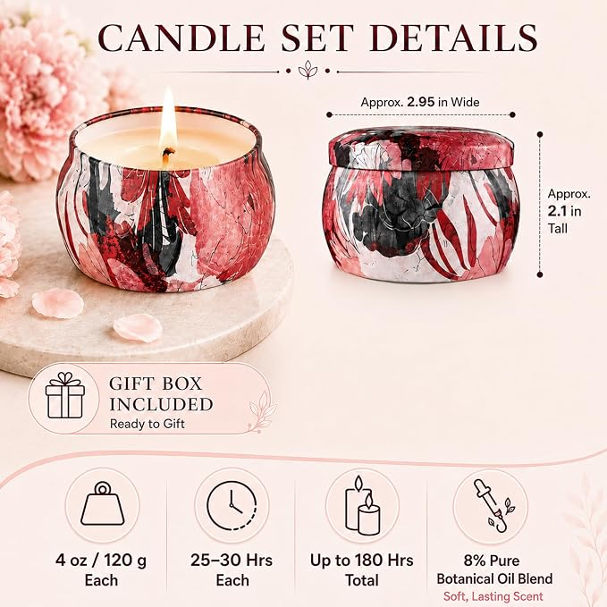 Scented Candles Gift Set for Women, 6 Pack Soy Wax Candle Set in Decorative Tins, 24 oz Total, 180 Hours Burn Time, Floral and Fruity Aromatherapy Candles, Birthday, Thank You, Housewarming Gifts
