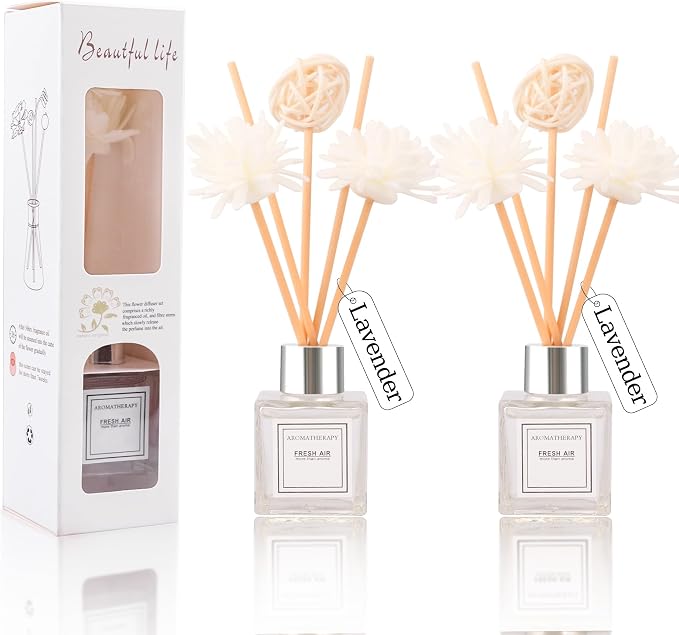 Reed Diffuser Set of 2, Lavender Scent Oil Diffuser with Sticks for Home Fragrance, Office Living Bedroom Decor, Bathroom Decor and Accessories, Air Fresheners Gift Set, 1.7 fl oz/50ml x 2