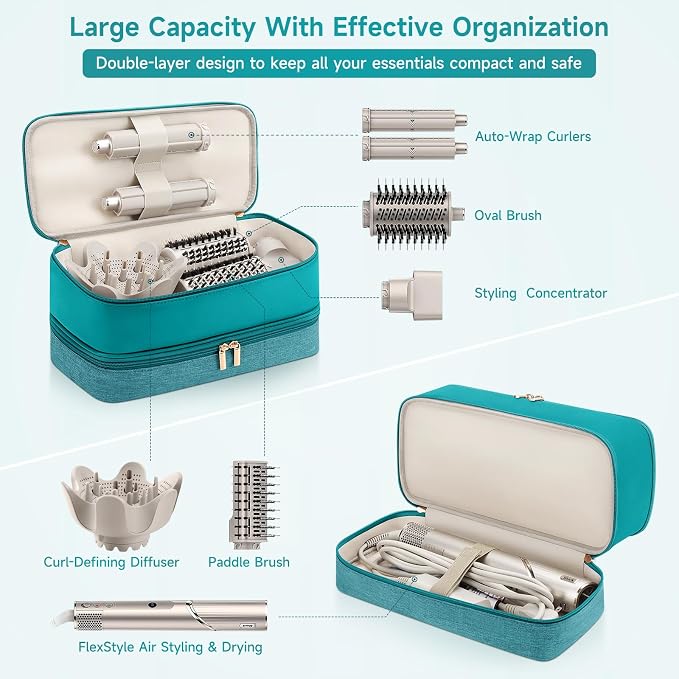 Travel Hair Dryer Case for Shark Flexstyle, Double-Layer Carrying Case for Shark Flex Style Blow Dryer, Portable Hair Tools Storage Organizer Bag for Shark Beauty Hairdryer Attchments (Teal Green)