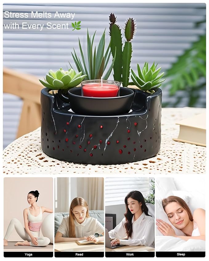 Ceramic Wax Melt Candle Warmer 4-in-1, Flameless PTC Heating with 7-Color LED Night Light, Electric Essential Oil Diffuser, Zen Design Marble Succulent Pot, for Yoga Room Home Office Decor