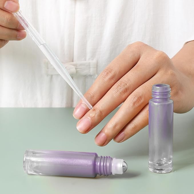 SESENSE Essential Oil Roller Bottles, 10ml Thick Glass Perfume Roller Bottles with Funnel Opener and Dropper Colored Glass Empty Bottles with Stainless Steel Roller Balls (Grey, 4 Pack)