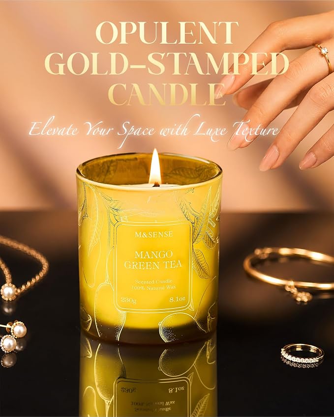 M&SENSE Mango Green Tea Soy Candle, 8.1oz 42H Slow Burning Non Toxic, Tropical Tea Aromatherapy, Summer Relaxation Gift