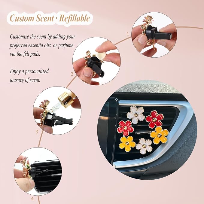 ORIESSE 6pcs Flower Car Air Freshener Vent Clips,Red Yellow White Daisy Car Dashboard Accessories,3.3cm/3cm Flower Air Vent Clip for Women,Refillable Car Diffuser Decor