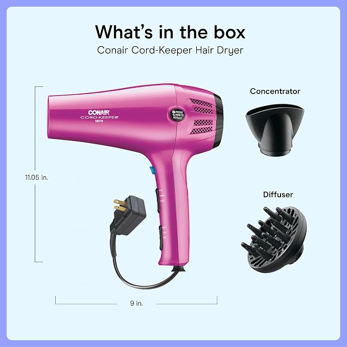 Conair Cord Keeper Hair Dryer | 1875W, Retractable Cord, for Multiple Hair Types, Includes Diffuser and Concentrator, Pink, 209BCX