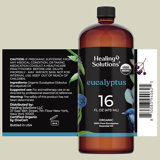 Healing Solutions Organic Eucalyptus Essential Oil 16 Fl Oz – Pure Eucalyptus Oil for Diffusers, Sprays, and Candle Making