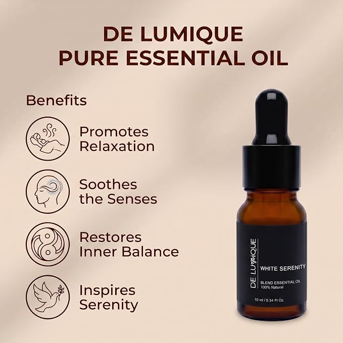 White Serenity Scent DE LUmiQUE Calming Essential Oil Blend, 100% Natural Aromatherapy Grade, 10ml / 0.34 Fl Oz