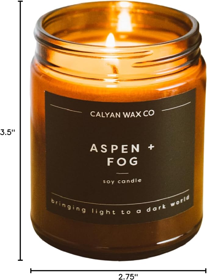 Calyan Wax Co. Aspen & Fog Scented Candle - 57 Hour Burn - Luxury Clean Soy Wax Candles - Long Lasting Amber Glass Jar Candle for Home - 7.2oz