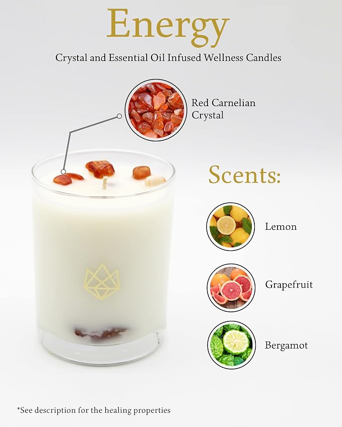 Luxury Glass Jar Candle, 14.5 OZ, Energy - Red Carnelian Healing Crystal Infused - Scents of Lemon, Grapefruit, & Bergamot - Passion, Confidence, & Vitality - Coconut Wax, Essential Oil