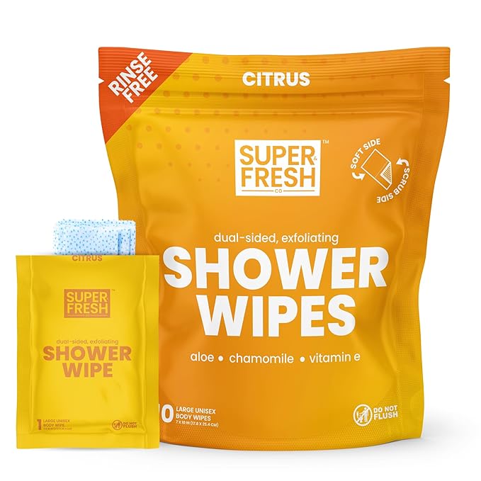 Super Fresh Shower Body Wipes, Travel Essentials for Camping, Large Citrus Wipes for Adults, Women, Men, Kids Personal Hygiene Cloth Enriched with Aloe and Vitamin E, Individually Wrapped 10 Pack