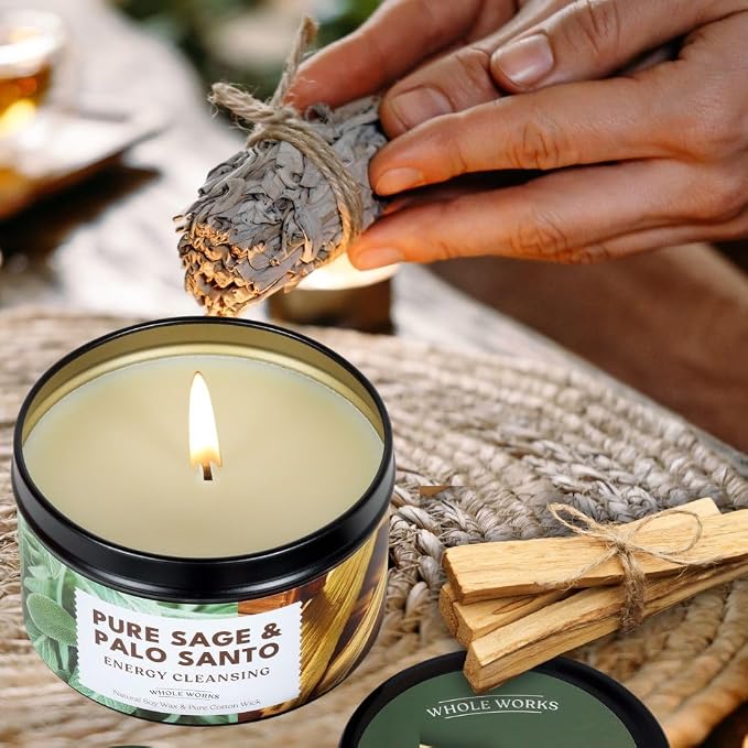 Premium Candle for Energy Cleansing – Natural Soy Wax Blend, Cotton Wick, Phthalate Free Scent, Scented Candles for Home Smudging, House Spiritual Protection, 6oz (Pure Sage & Palo Santo)