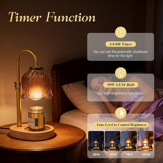 Candle Warmer Lamp with Adjustable Height - Flameless 4-Level Dimmable Wax Warmer, Timer Function & Stylish Design in Multiple Colors (Brown Wooden Base)