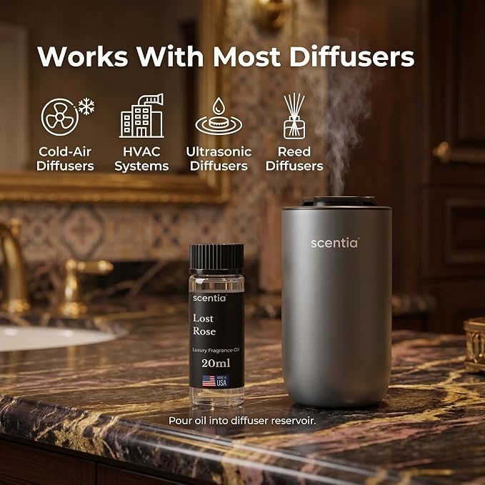 Scentia Lost Rose Aromatherapy Oil for Diffuser – Hotel Scent Inspired by Fairmont – 20 mL – Rose, Oud Wood & Clove Natural Fragrance Oil for Waterless & Cold Air Diffusers, Made in USA