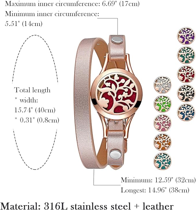 Cupimatch Essential Oil Diffuser Bracelet Wristband, Stainless Steel Aromatherapy Locket Bracelets Adjustable Leather Band with 10 Color Pads Jewelry Gift Set for Girls Women