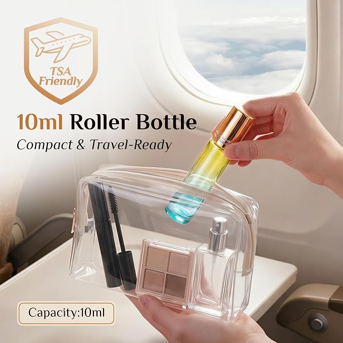 PrettyCare 24 Pack, 10 ml Essential Oil Roller Bottles with Stainless Steel Roller Ball - Refillable Leak-proof Empty Thick Blue& Yellow Glass Roll on Bottles with Golden Caps for Travel, Perfume