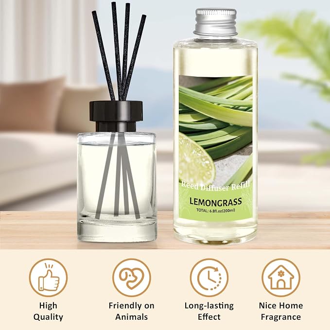 STRN Reed Diffuser Essential Oil Refill, Lemongrass Scent 200ml with Sticks, Long-Lasting Aromatherapy, Summer Fragrance Liquid with Eco-Friendly Bottle for Home, Bedroom, Spa