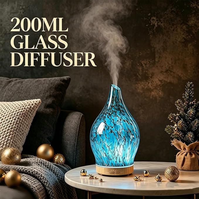 Glass Oil Diffuser with 3 Essential Oil Set,200ml Diffuser for Table Decor,Small Humidifier with Timer,7 LED Color Lights for Small Space Office Bedroom Room Decor Gifts for Women Men