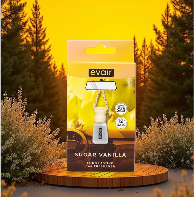 Evair Car Air Freshener | Hanging Air Freshener Car Diffuser | Long Lasting Scents made with Essential Oil | Alcohol Free (Sugar Vanilla)
