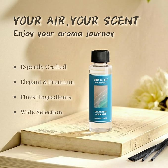Airkeep Reed Diffuser Set,1.69 fl oz (100 ml) - Ocean Mist&Sea Salt Oil Diffusers with 8 Reed Sticks,Home Fragrance Reed Diffuser for Bathroom Shelf Decor