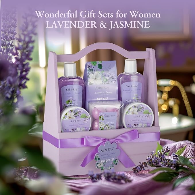 Home Spa Gift Basket for Women, Lavender Jasmine Bath & Body Care Kit | Bath and Body Gift Baskets, self care birthday gift for women, Spa Gifts for birthday, christmas