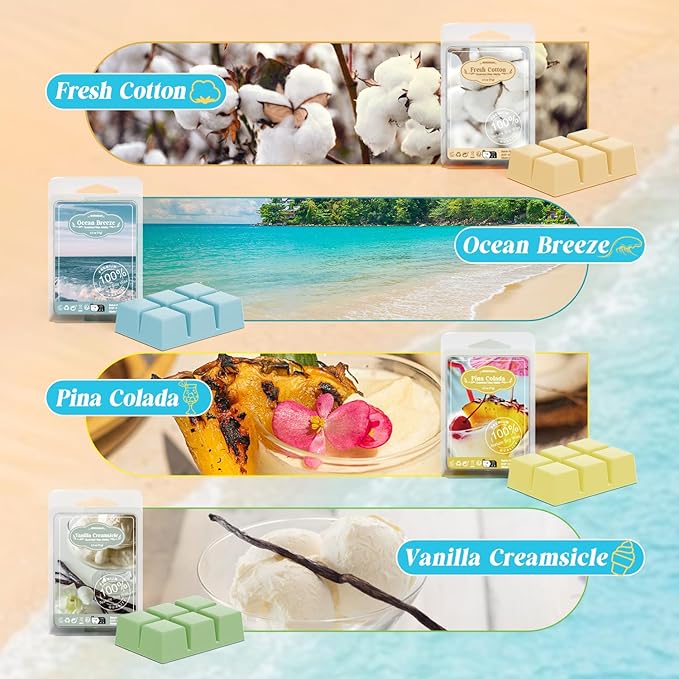 ARVIDSSON Summer Scented Wax Melts, Tropical Soy Wax Cubes for Warmer, Strong Scent Fragrance Melts, Ocean Breeze, Pina Colada, Fresh Cotton, Pineapple and More, Candle Melts Gift Set